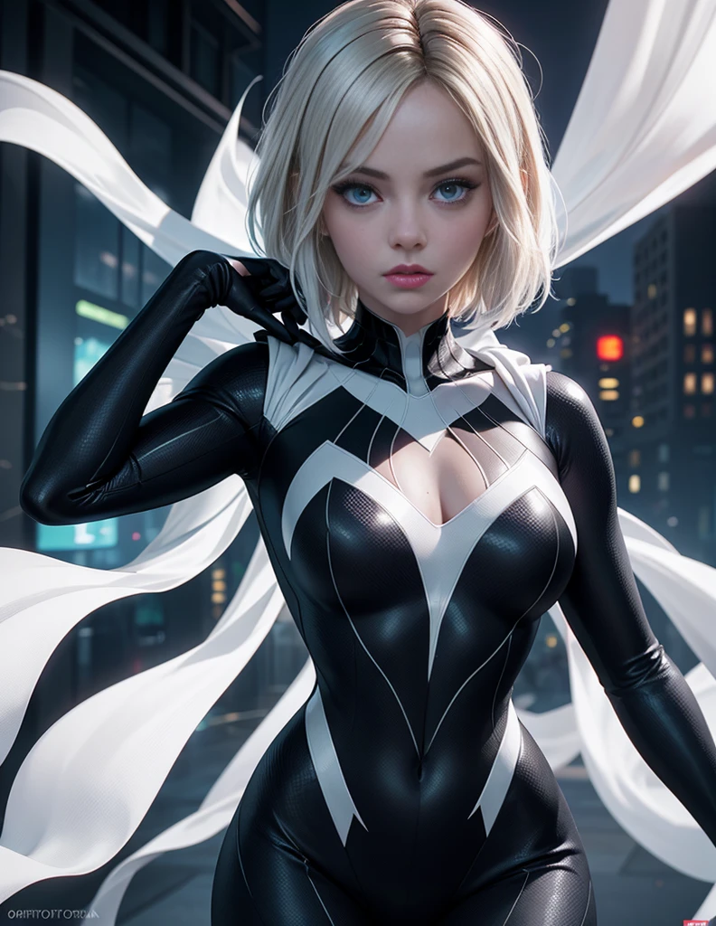 Ghost Spider, Gwen in a black costume with a white spider in the center of her chest, organic looking outfit, sticky forehead, symbiote, White eyes, Fine art, ,Highly detailed cinematic rendering, ultra photorealistic raytricing, With cinematic lighting、margot robbie