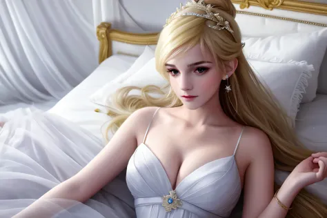 highest quality,masterpiece,High resolution,cg, 1 girl,arms,sword,long hair,dress,water,alone,jewelry,white dress,earrings,hair ornaments,scatter,Upper body,bun hair,blonde,Lying in bed Lit,Frank,photograph,High resolution,4K,8K,Bokeh,plump breasts,Emma Wa...