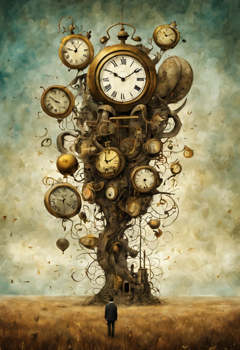 Neo Surrealism, by Gabriel Pacheco and Max Ernst, magical realism bizarre art, pop surrealism,a surreal scene of clocks melting and bending in a time-travel mishap, with a person caught in the distortion, whimsical art. 