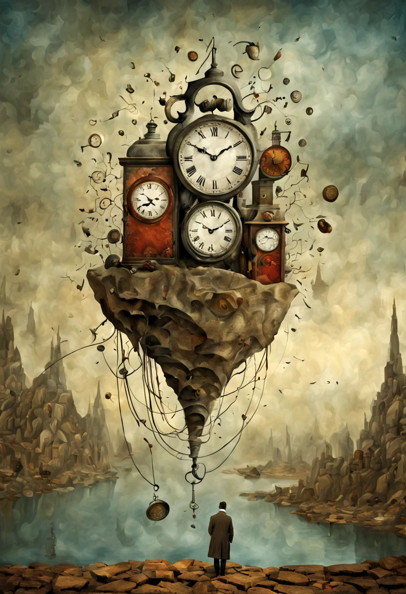 Neo Surrealism, by Gabriel Pacheco and Max Ernst, magical realism bizarre art, pop surrealism,a surreal scene of clocks melting and bending in a time-travel mishap, with a person caught in the distortion, whimsical art. 