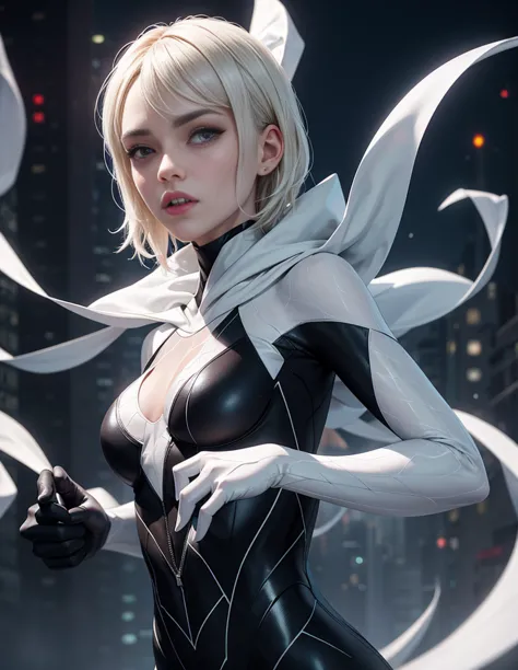 Ghost Spider, Gwen in a black costume with a white spider in the center of her chest, organic looking outfit, sticky forehead, s...