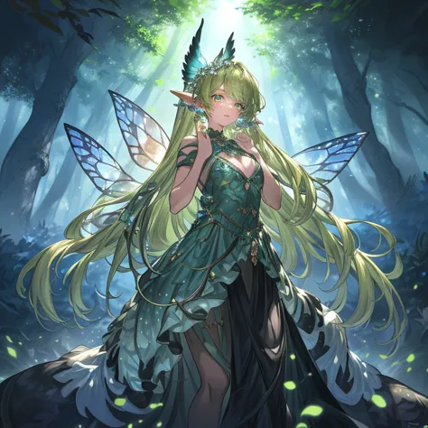 (best quality,highres),fairy in the forest,magical,corrupted,sparkling costume,ethereal,full-body details,enchanted,glowing,tran...