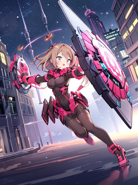 Extreme detail,masterpiece,futuristic city,girl with (energy shield):1.3,tight-fitting bodysuit,protecting herself from danger,using shield in battle,futuristic buildings,flying cars,shield growing brighter,repelling invader