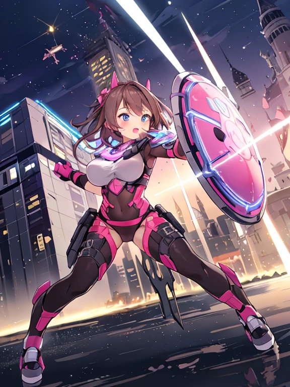 Extreme detail,masterpiece,futuristic city,girl with (energy shield):1.3,tight-fitting bodysuit,protecting herself from danger,using shield in battle,futuristic buildings,flying cars,shield growing brighter,repelling invader