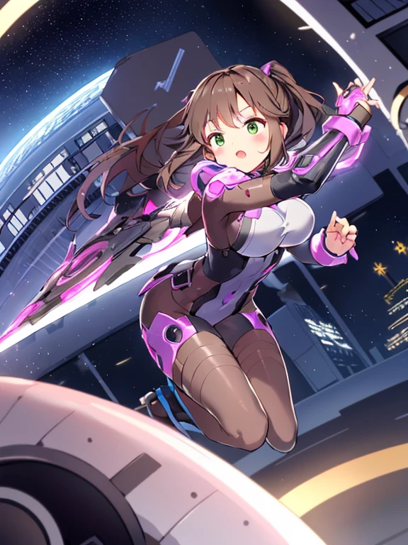 Extreme detail,masterpiece,futuristic city,girl with (energy shield):1.3,tight-fitting bodysuit,protecting herself from danger,using shield in battle,futuristic buildings,flying cars,shield growing brighter,repelling invader