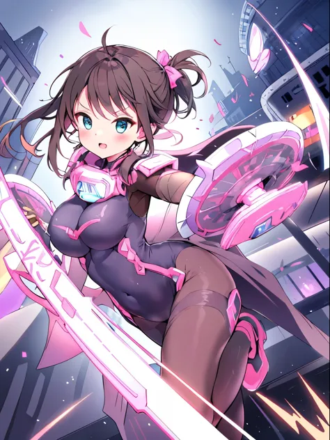 Extreme detail,masterpiece,futuristic city,girl with (energy shield):1.3,tight-fitting bodysuit,protecting herself from danger,using shield in battle,futuristic buildings,flying cars,shield growing brighter,repelling invader