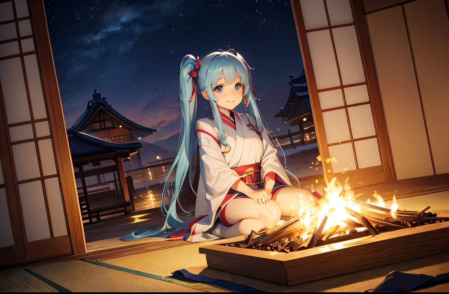 light blue long hair　Beautiful girl with twin tails　adorable smile　Cute costumes　A bonfire is lit in a very large enclosure on the floor.　sitting on the floor　Japanese winter landscape