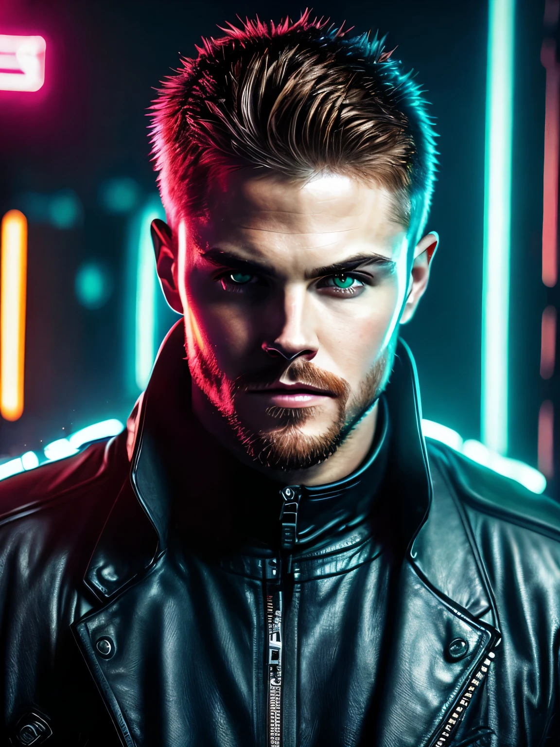 macro crisp quality, close up portraint, of cyberpunk brutal Stephen Amell, in cyberpunk neon room, rough skin, look at a camera, glowing eyes, age 40, cinematic, dimmed colors, dark shot, muted colors, film grainy, lut, spooky