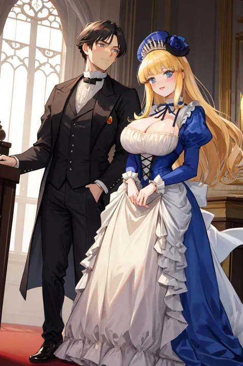 a man，a woman with big ，a couple，heterosexuality，young prince and princess，victorian style，translucent，