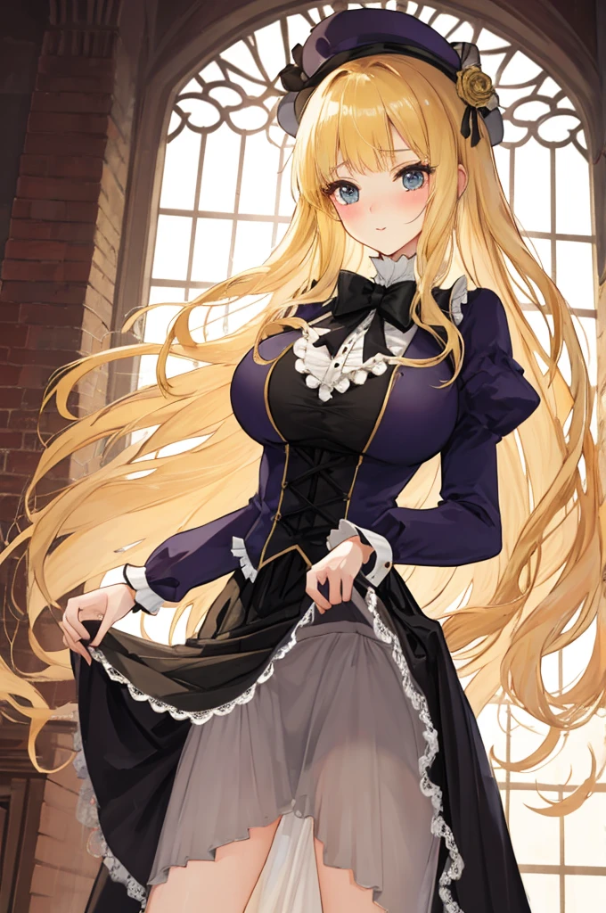 A woman with big ，A princess，long blonde hair，victorian style，translucent，Debauchery，(skirt lift)，