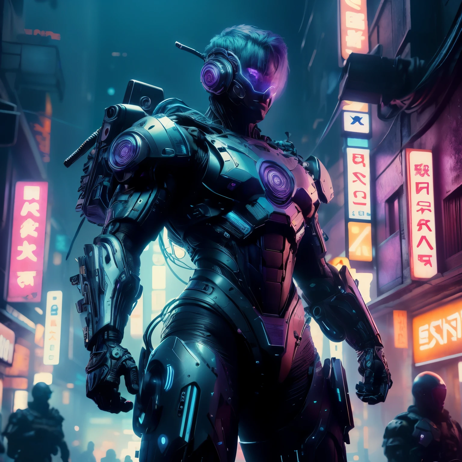 une photo cyberpunk 8k ultra réaliste , tout le corps, armure complexe de néon violet et bleu, orné, cinématique lighting, tendance sur artstation, 4K, Hyperréaliste, concentré, détails élevés, moteur irréel 5, cinématique