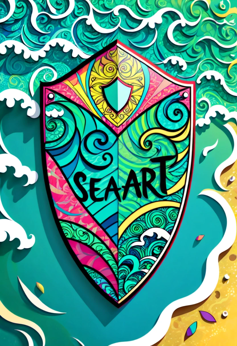 (best quality, highres),zentangle,origami surfboard,((shield with "seaart" written on it)),hand-drawn details, intricate patterns, colorful, vibrant colors,rippled waves, beach background, sunny day,shadows and highlights, vivid lighting
