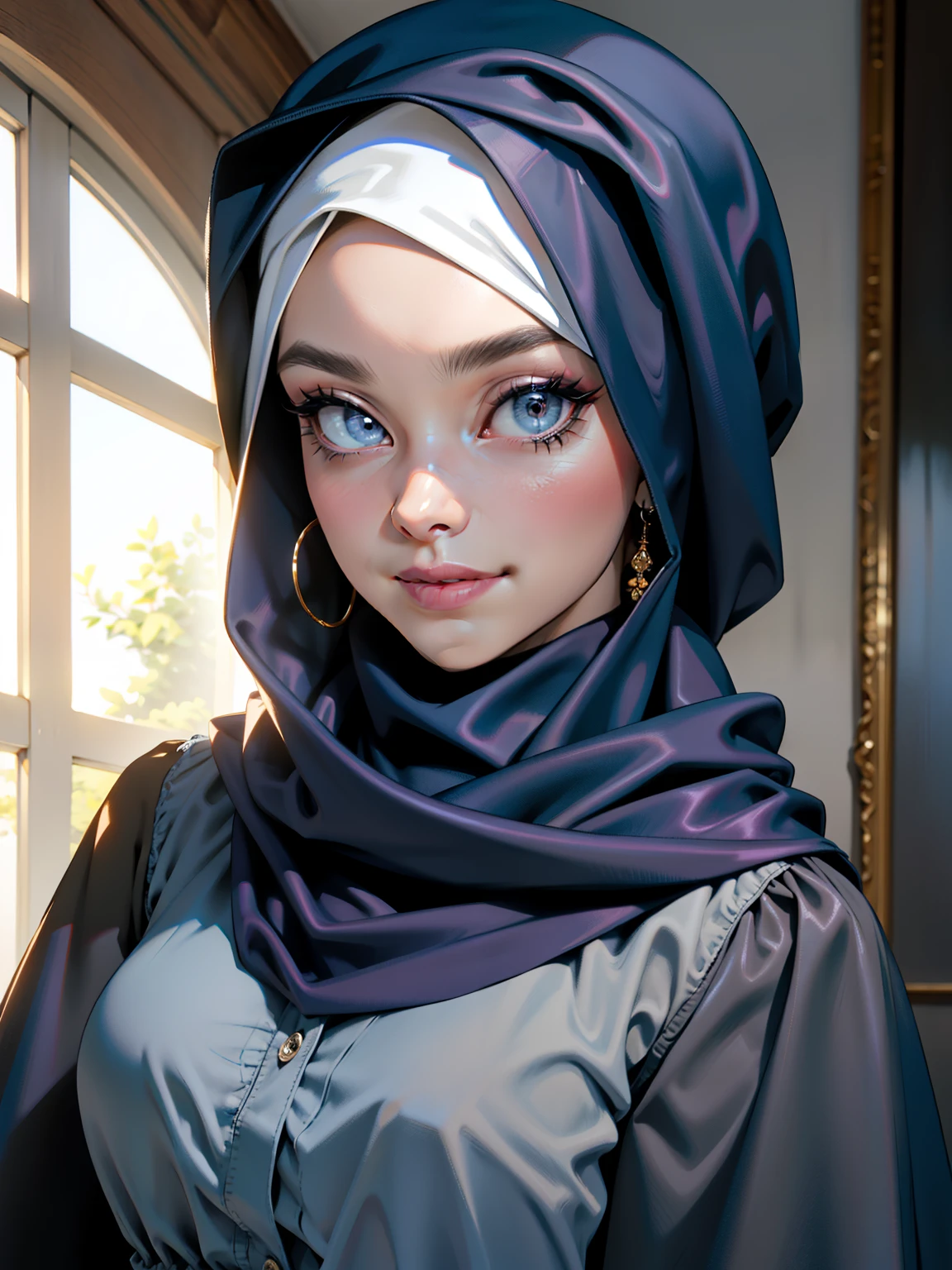 3dmm style, Masterpiece, realistic, best quality, best lighting, beautiful mature Czech woman, 1 girl photo solo, beautifully makeup, eyeshadow, Parted Lips, Detailed Eyes, beautiful big eyes, long eye lashes, dimples on the cheeks, smile, wearing ((Dark blue satin hijab)), loosely tide hijab style, ((gray satin shirt and satin long skirt)), ((front view)), (close up portrait), front view, standing straight, facing the viewer.