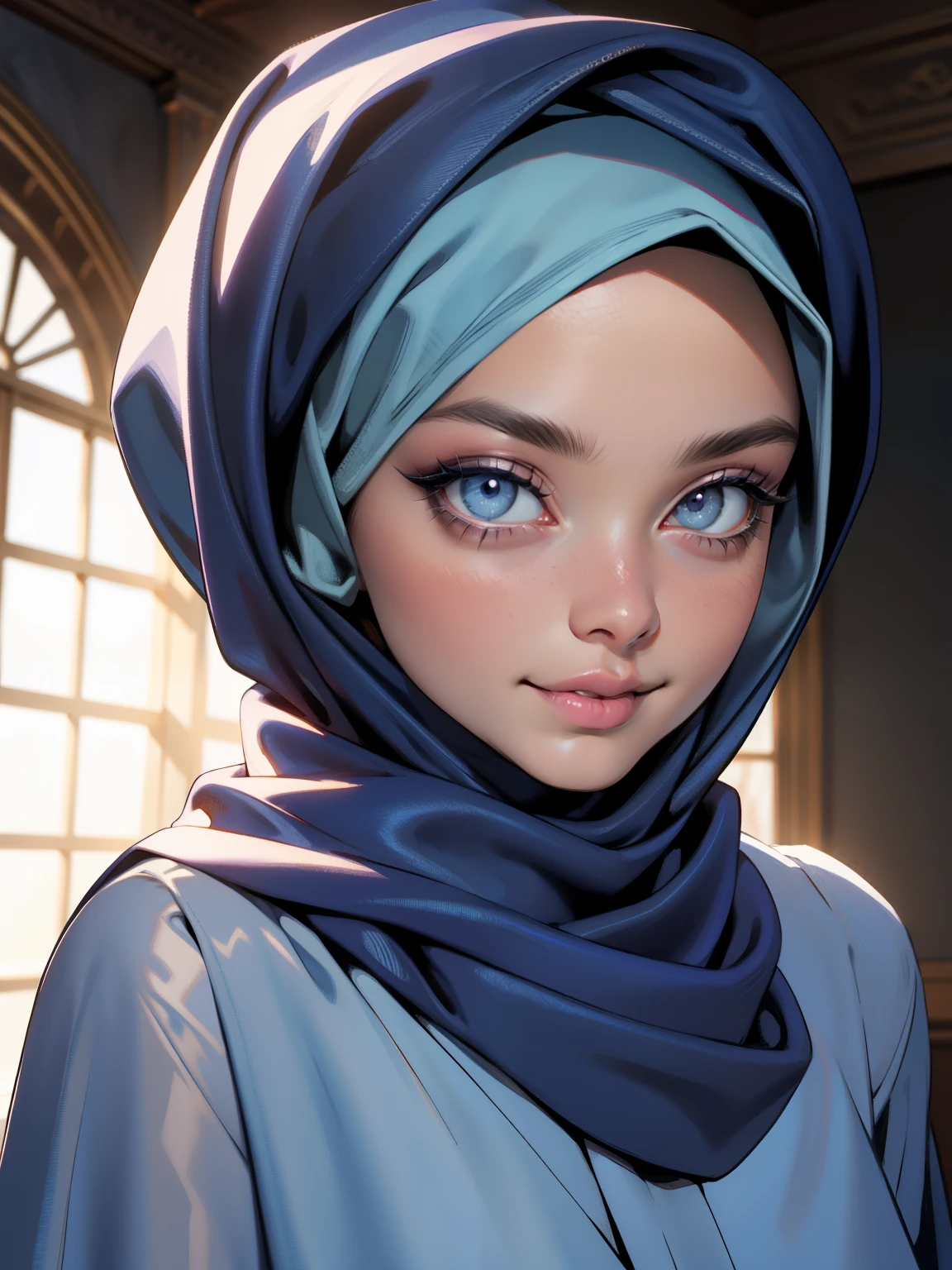 3dmm style, Masterpiece, realistic, best quality, best lighting, beautiful mature Czech woman, 1 girl photo solo, beautifully makeup, eyeshadow, Parted Lips, Detailed Eyes, beautiful big eyes, long eye lashes, dimples on the cheeks, smile, wearing ((Dark blue satin hijab)), loosely tide hijab style, ((gray satin shirt and satin long skirt)), ((front view)), (close up portrait), front view, standing straight, facing the viewer.