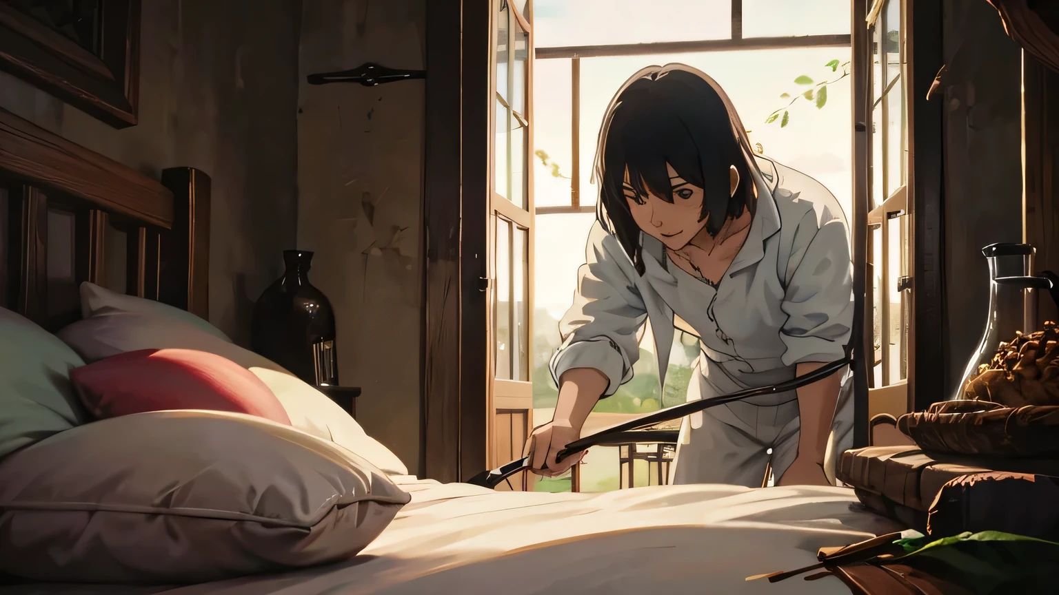 Anime scene of a woman cleaning a bed with a broom - SeaArt AI