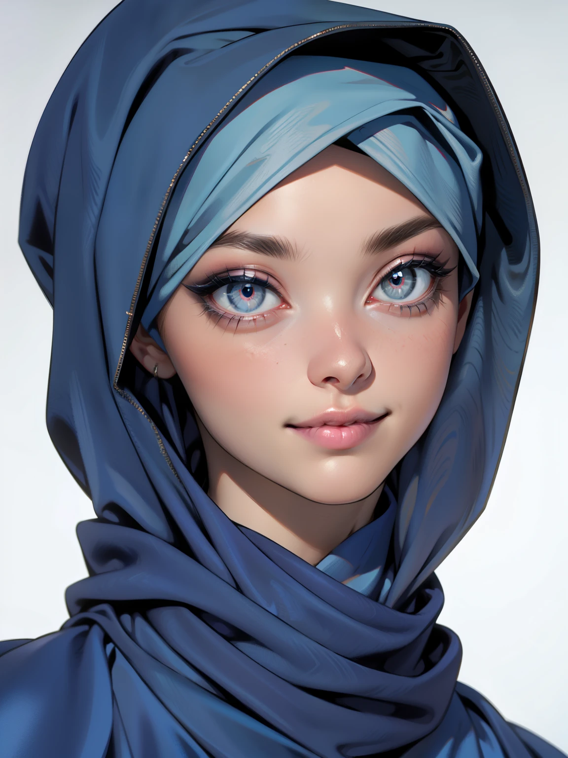 3dmm style, Masterpiece, realistic, best quality, best lighting, beautiful mature Czech woman, 1 girl photo solo, beautifully makeup, eyeshadow, Parted Lips, Detailed Eyes, beautiful big eyes, long eye lashes, dimples on the cheeks, smile, wearing ((Dark blue satin hijab)), loosely tide hijab style, ((gray satin shirt and satin long skirt)), ((front view)), (close up portrait), front view, standing straight, facing the viewer.