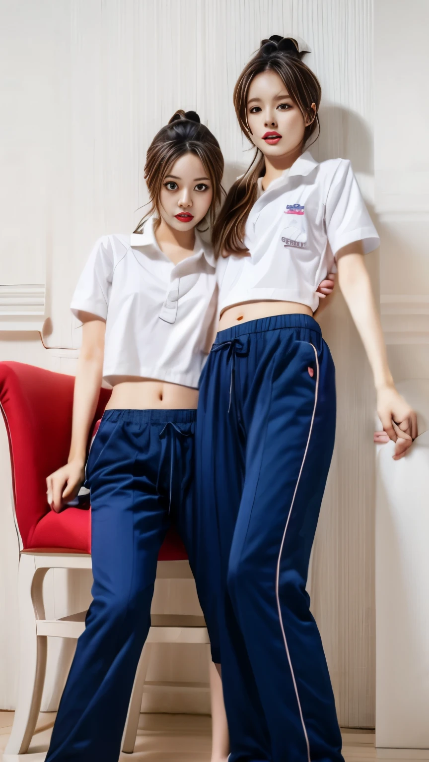 Two women in white shirts and blue pants posing for a picture - SeaArt AI