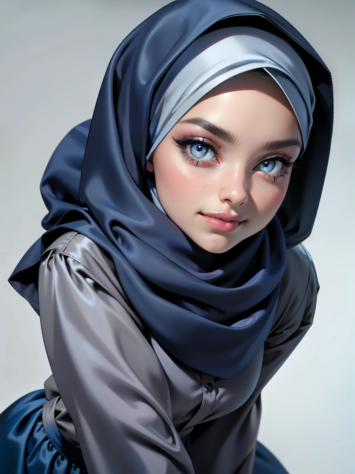 3dmm style, Masterpiece, realistic, best quality, best lighting, beautiful mature Czech woman, 1 girl photo solo, beautifully makeup, eyeshadow, Parted Lips, Detailed Eyes, beautiful big eyes, long eye lashes, dimples on the cheeks, smile, wearing ((Dark blue satin hijab)), loosely tide hijab style, ((gray satin shirt and satin long skirt)), ((front view)), (close up portrait), front view, standing straight, facing the viewer.