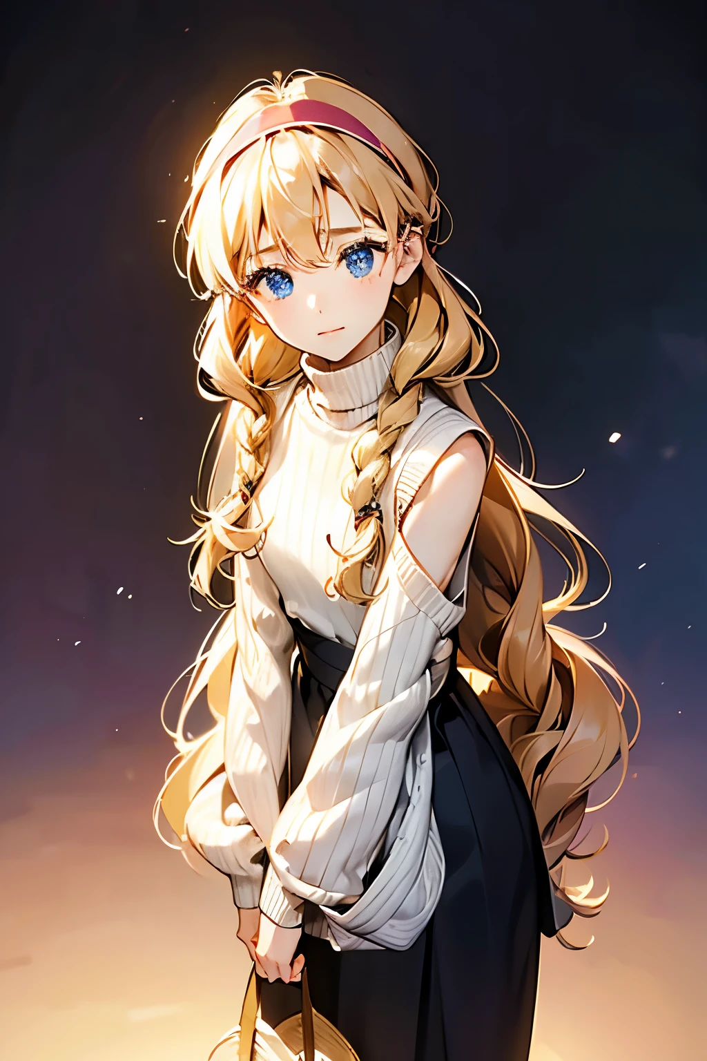 portrait、simple background、I turn my gaze and look up at the sky、12 year old girl、She has long curly blonde hair and wears a hairband.、Small, agile and young with lots of energy、Wearing a mature sleeveless knit sweater、Wearing a long skirt with thin lines、wearing nice boots、