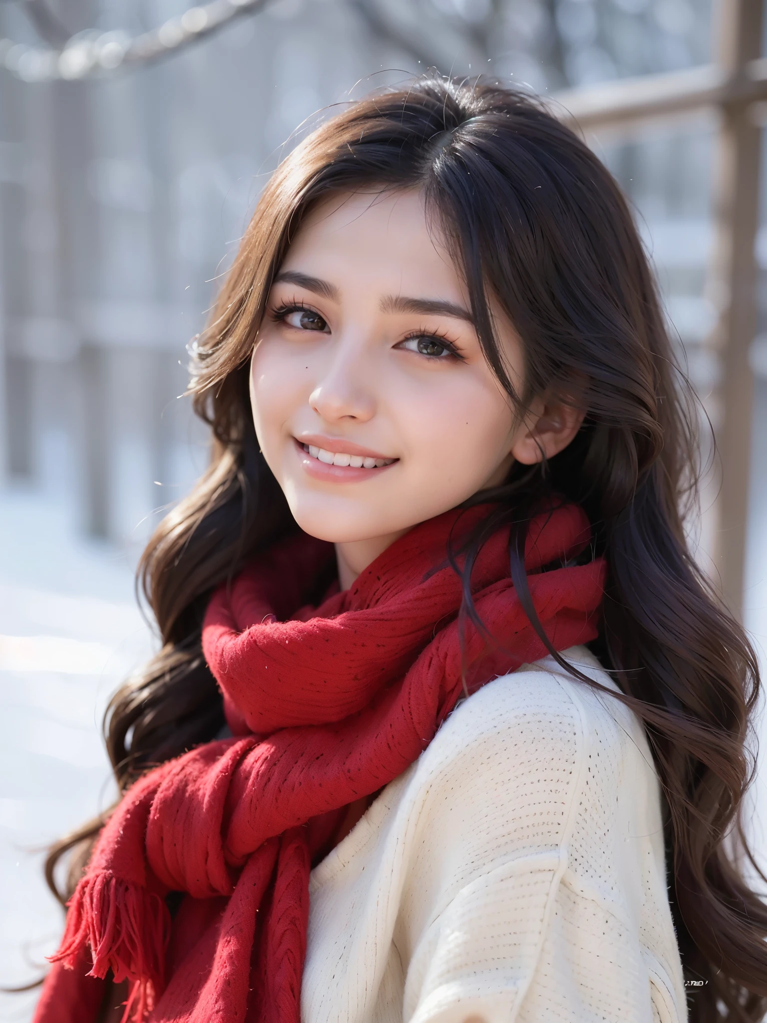 A close up of a woman wearing a red scarf and a white sweater - SeaArt AI