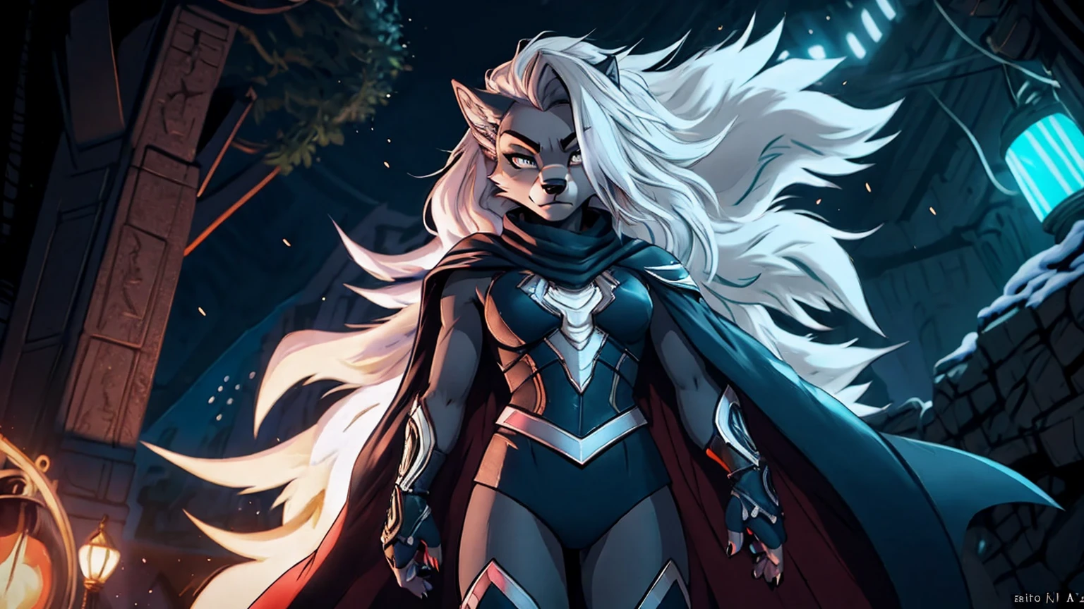 Loona, female, wolf, anthro, long white hair, light grey eyes, she is a merciless and tyrannical admiral and general, admiral outfit, cap, cape, white and black pattern, standing, walking through a snowy land, angry but face cold as ice, full body, dark, scary, extremely detailed, solo, beautiful, high quality, 4K, 8K, HDR