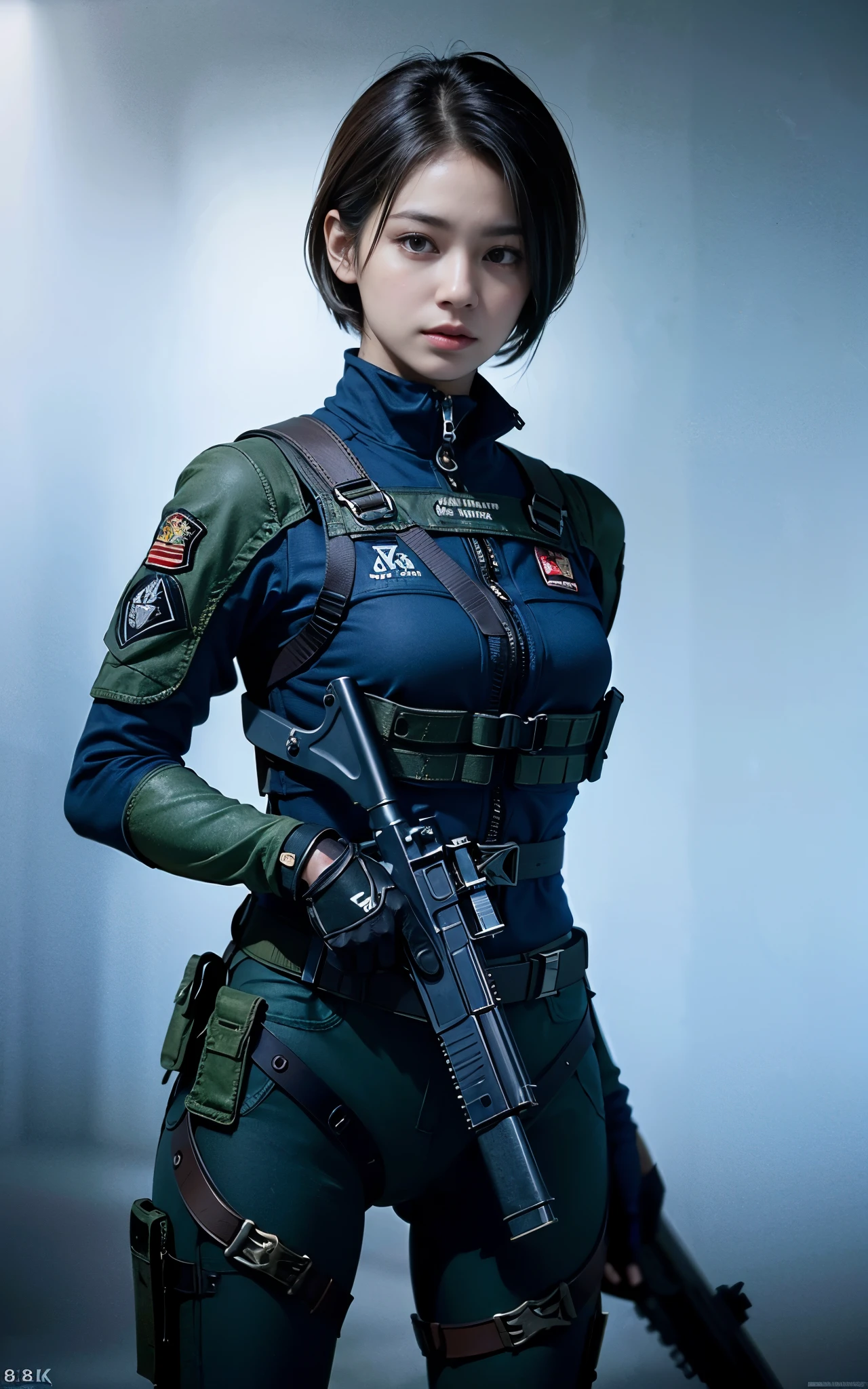 ((Best Quality, 8K, Masterpiece: 1.3)), ((best quality)), photorealistic, photorealism, Photorealistic, high resolution, 1girl aiming with an  assault rifle, Combat pose, looking at the camera, (Detailed face), short hair, (wearing red rubber suit, tactical vests, military harness, black gloves, high-tech headset), cloths color based on black dark blue), revealed thigh, Gun, Fingers are occluded, concrete wall background,