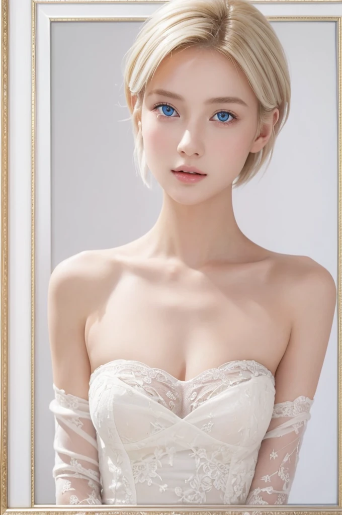 Ultra-realistic 8K CG rendering, masterpiece, highest quality presentation, a young woman in her twenties, adorned with short blonde hair accented by white highlights, her finely sculpted features framed by her pristine white skin. Her blue eyes, intricately detailed and sparkling, draw the viewer in and captivate the essence of her youthful charm.