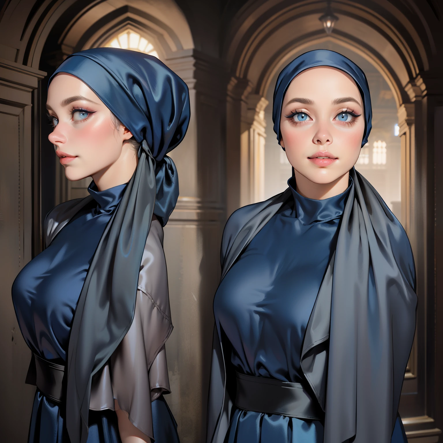 3dmm style, Masterpiece, realistic, best quality, best lighting, beautiful mature Czech woman, 1 girl photo solo, beautifully makeup, eyeshadow, Parted Lips, Detailed Eyes, beautiful big eyes, long eye lashes, dimples on the cheeks, smile, wearing ((Dark blue satin hijab)), loosely tide hijab style, ((gray satin shirt and satin long skirt)), ((front view)), (close up portrait), front view, standing straight, facing the viewer.