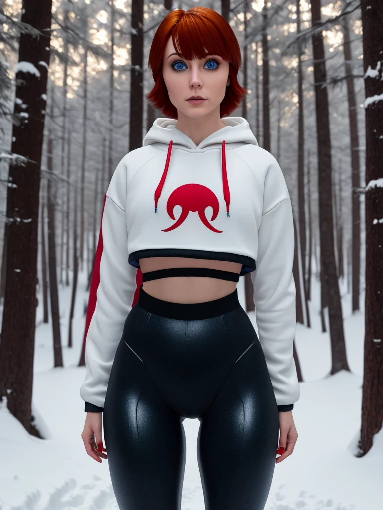 Joanna,short hair,blue eyes,red hair,woman, wearing leggings and crop top hoodie, cameltoe, thigh gap, detailed  eyes, in a snowy forest, seductive, alluring, best quality masterpiece, detailed, 8k, HDR, shallow depth of field, broad light, high contrast, backlighting, bloom, light sparkles, chromatic aberration, smooth, sharp focus