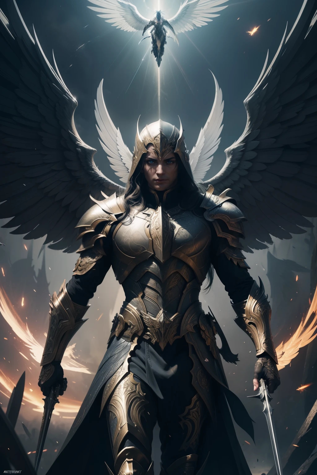 A woman in armor with wings and sword standing in front of a dark ...