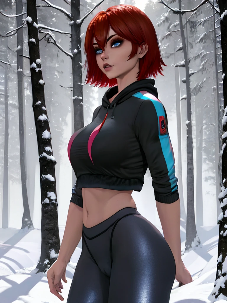 Joanna,short hair,blue eyes,red hair,woman, wearing leggings and crop top hoodie, cameltoe, thigh gap, detailed  eyes, in a snowy forest, seductive, alluring, best quality masterpiece, detailed, 8k, HDR, shallow depth of field, broad light, high contrast, backlighting, bloom, light sparkles, chromatic aberration, smooth, sharp focus