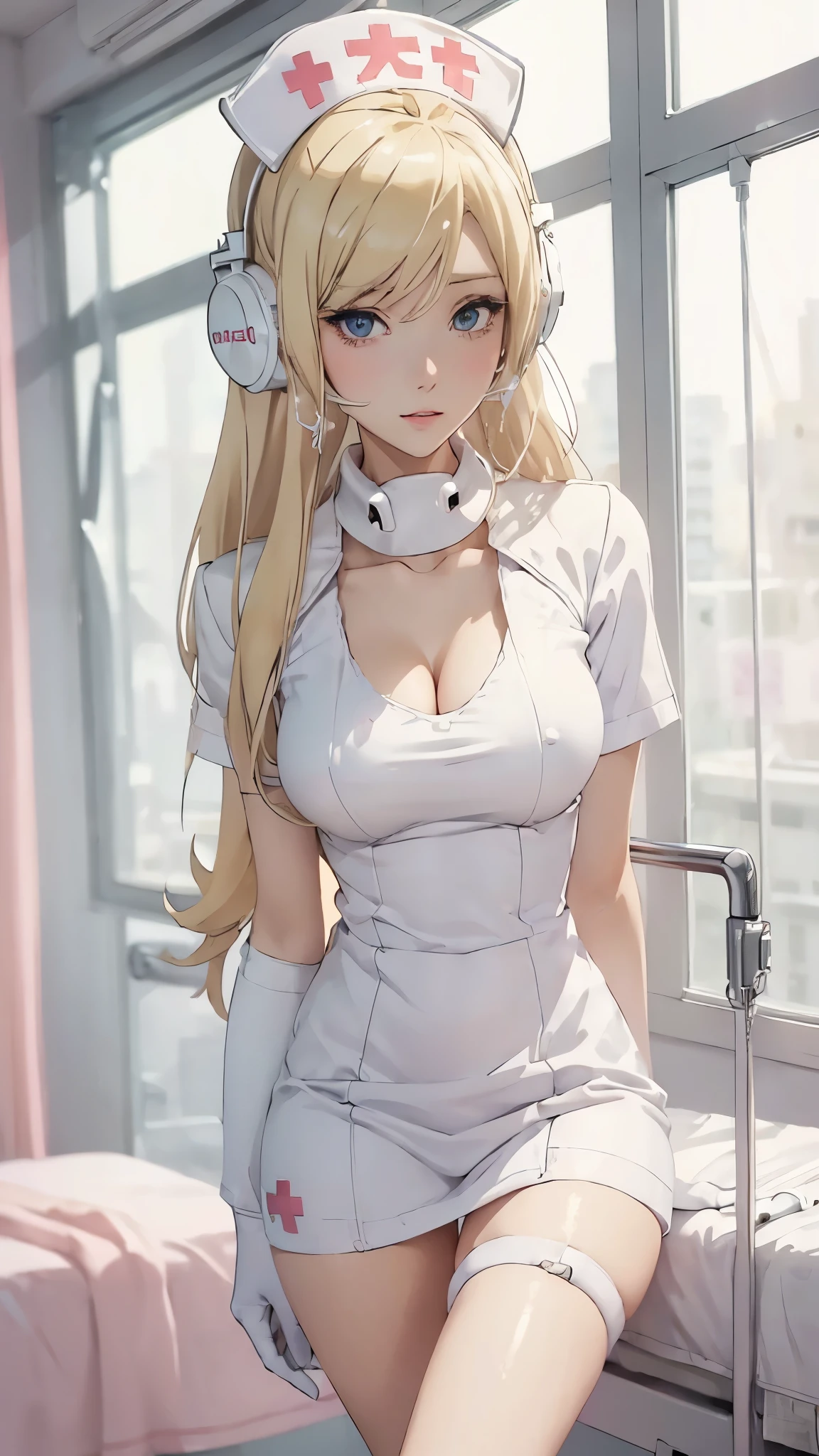 A close up of a woman in a nurse outfit sitting on a bed - SeaArt AI