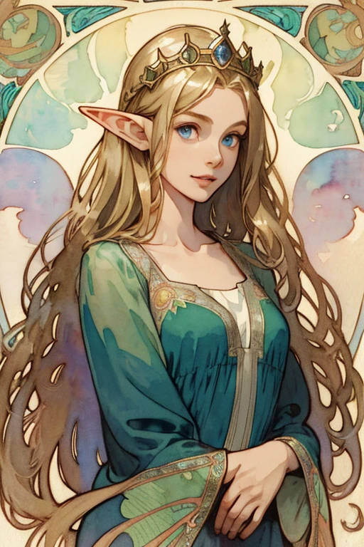 ((Vintage)), (Best Picture), (Watercolor), ((Matte)), (by Mucha), (Thick Outline), Flowing Lines, (High Resolution, Super Detail), Elf, 1 girl, 14 years old, Skinny,Shin,(Flat breasts), Straight Long Hair, Beautiful golden hair, Blue eyes, Parted bangs, Hair swaying in the wind, Simple tiara, White skin, Front and upper body, Standing, Green queen dress, collarbone, geometric pattern, (flower), front, hand down, soft air, gentle smile, wind magic, symmetry