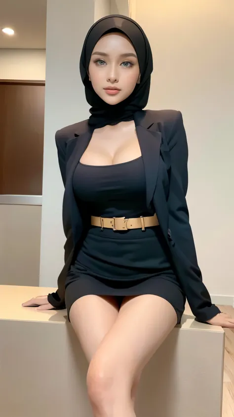 RAW, Best quality, high resolution, masterpiece: 1.3), 1 beautiful russian girl in full hijab, 17 years old, simple hijab, Masterpiece, perfect  fit body, big breast, Soft smile,thick thighs,muslim close up of a woman, wearing elegant casual clothes, moder...