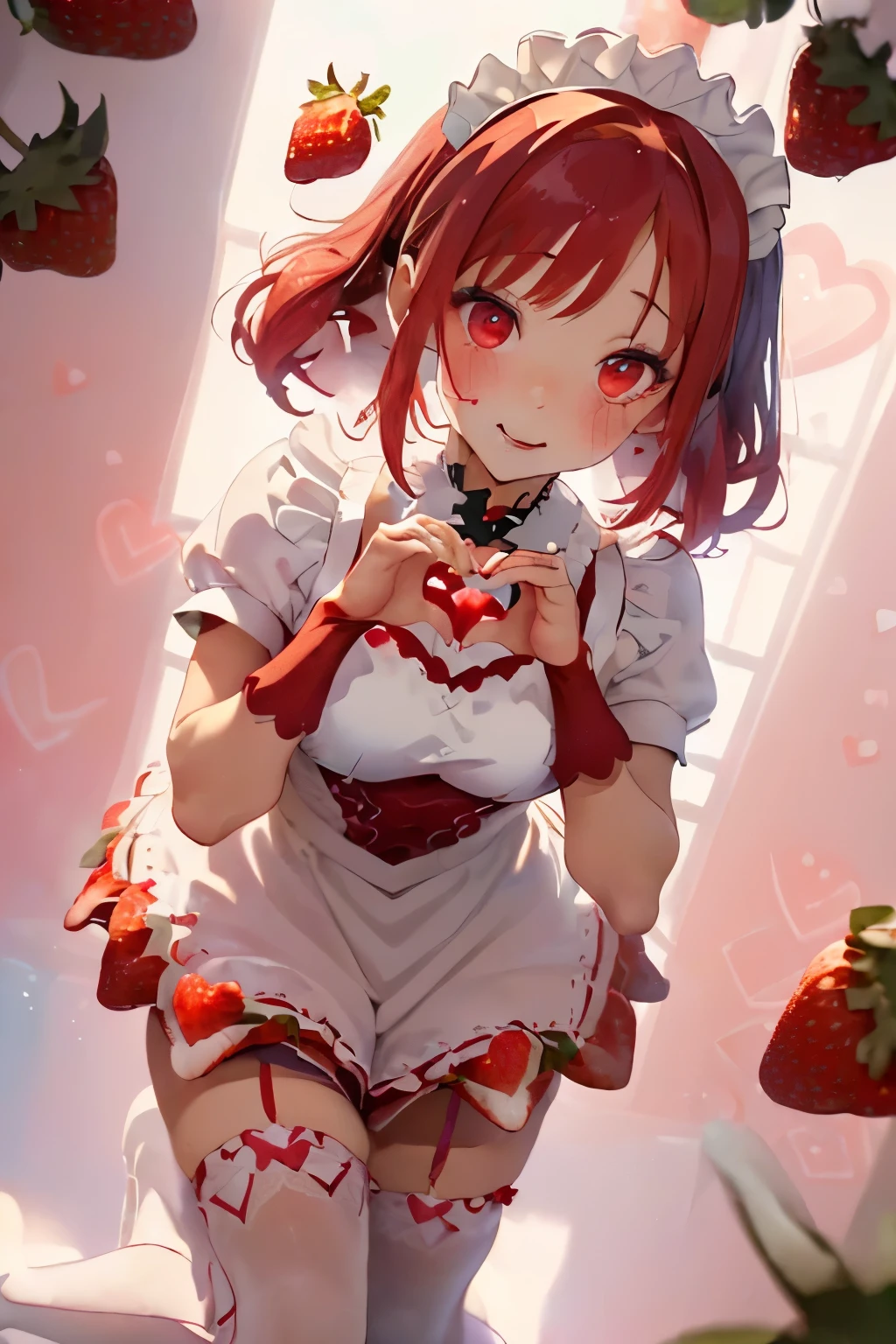 (Maid costume with strawberry motif:1.3),(strawberry ornament:1.4),(A lot of strawberries in the background:1.25),(White High Socks:1.35),(Overall pastel red coloration:1.35),(Making a heart shape with your hands:1.3),(Eye size:1.5),(high resolution:1.5),(Vibrant color:1.4),(close up of face:1.3),(Goth  style:1.35),(Front perspective:1.2),