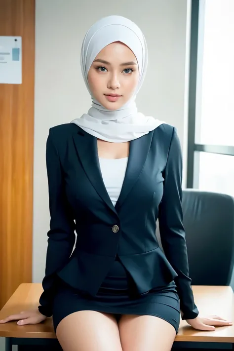 RAW, Best quality, high resolution, masterpiece: 1.3), 1 beautiful russian girl in full hijab, 17 years old,Masterpiece, perfect  fit body, big breast, Soft smile,thick thighs,muslim close up of a woman, wearing elegant casual clothes, modern hijab, girl i...