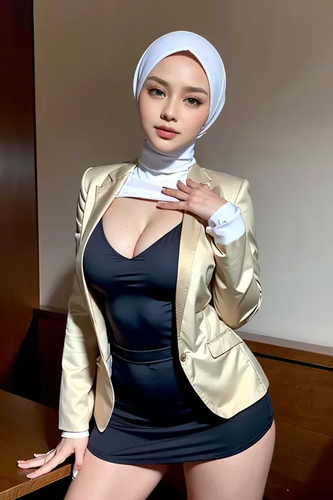 RAW, Best quality, high resolution, masterpiece: 1.3), 1 beautiful russian girl in full hijab, 17 years old,Masterpiece, perfect  fit body, big breast, Soft smile,thick thighs,muslim close up of a woman, wearing elegant casual clothes, modern hijab, girl i...