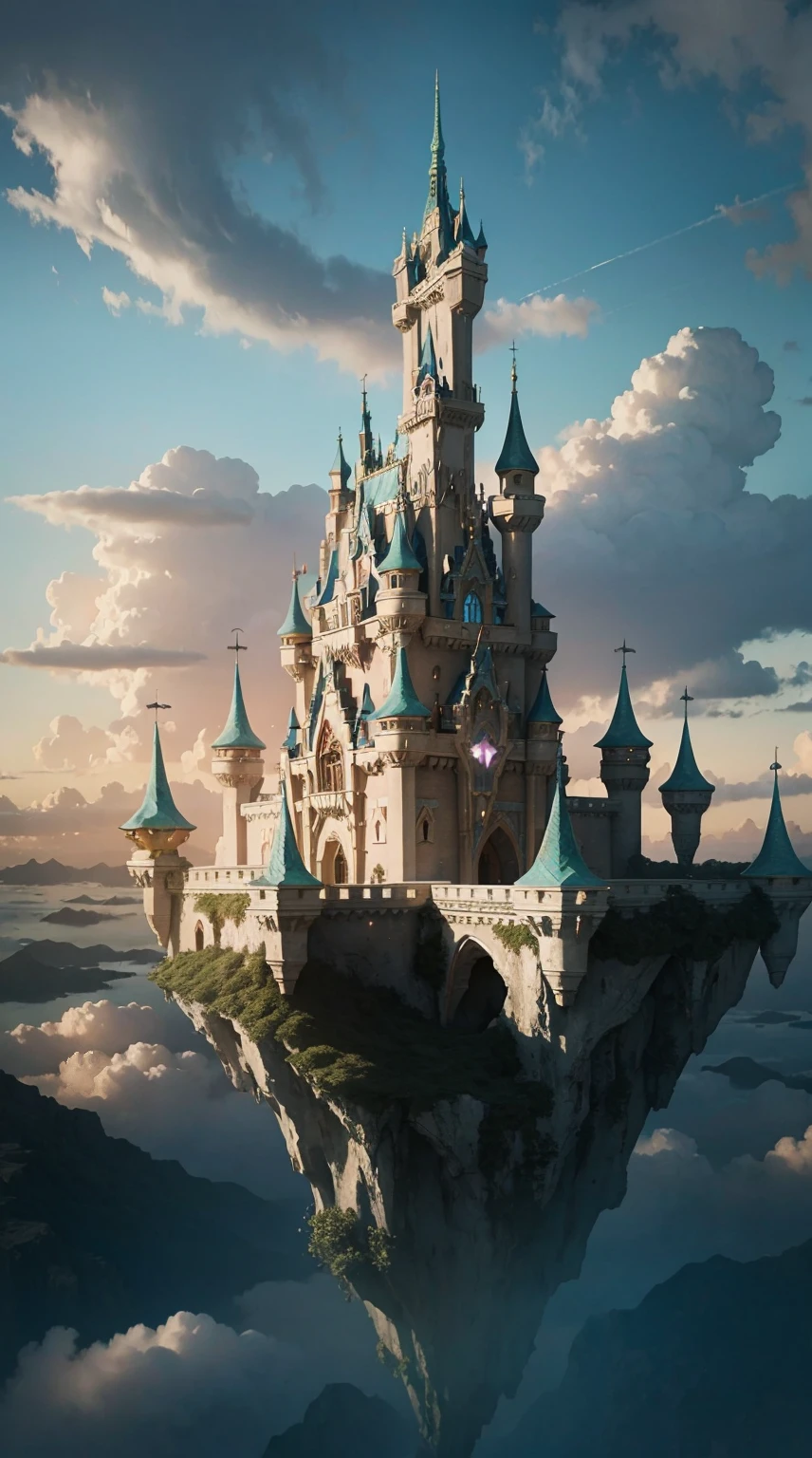 fantastic, dream-like, floating castle in the sky, ethereal clouds, enchanting colors, mystical, otherworldly, magical atmosphere, whimsical architecture, intricate details, shimmering light, surreal landscape, vibrant imagination, no people, ethereal sky, breathtaking scenery, soft and pastel tones, magical glow, hidden secrets, air of mystery