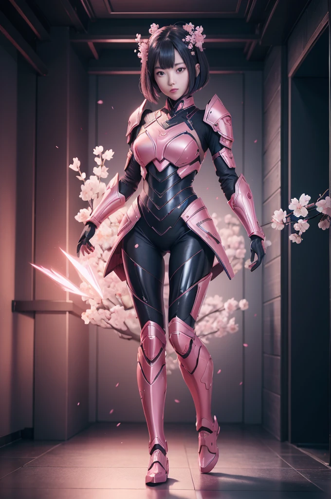 (((full body photo)))
beautiful japanese young woman, wearing ninja armor, thick symmetrical features, very short hair, background is cherry blossoms, pink aura, red lips, octane render,