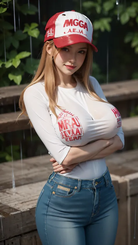 Blonde, beautiful woman, (((tight jeans: 1.3))), (((white graphict-shirt: 1.3))), (((arms cupping breasts: 1.3))), (((huge breasts:1.5))), (((standing in the rain: 1.3))), smiling, (((wearing a red maga cap: 1.5)))