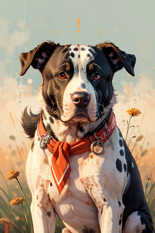 meilleure qualité, Oeuvre d&#39;art, photo brute,ultra-détaillé:1.2), Un dalmatien très poilu avec un bandana rouge autour du cou dans une herbe fleurie, un Pitbull dans le style sy3, seul,regarder le spectateur, (art vectoriel:1.2), minimalisme, sy3
