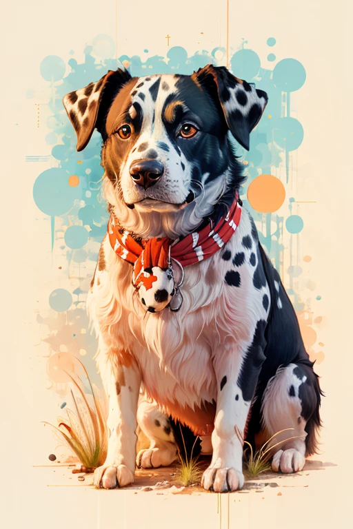 mejor calidad, Obra de arte, foto en bruto,ultra detallado:1.2), un perro dálmata muy peludo con una bandana roja alrededor del cuello sobre una hierba floreciente en estilo sy3, solo,mirando al espectador, (arte vectorial:1.2), minimalismo, Sy3
