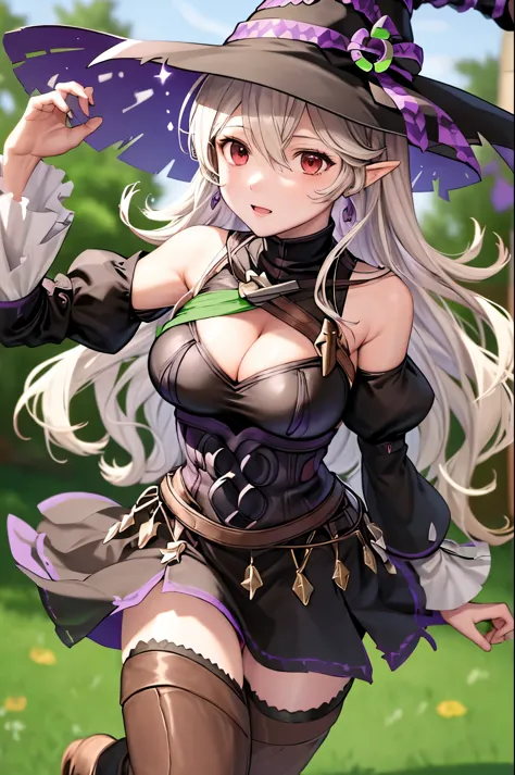 halCorrin, witch hat, halloween costume, cleavage, detached sleeves, earrings, brown boots, solo, 1girl