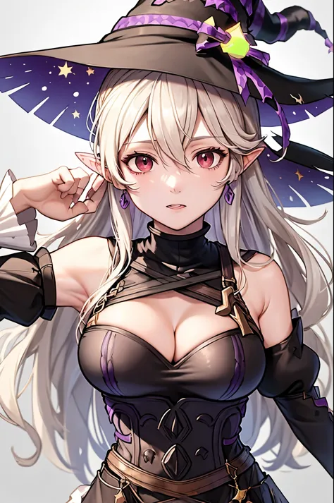 halCorrin, witch hat, halloween costume, cleavage, detached sleeves, earrings, cowboy shot, upper body