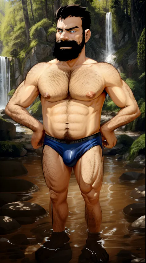 cartoon man with a beard and no shirt standing in front of a waterfall, bare foot, technoviking male with no shirt, manbearpig, bob ross as 007, puffy nipples, hairy chest, sparse chest hair, ((naked,nude)), hairy chest and hairy body,wet hairy bodies, wea...