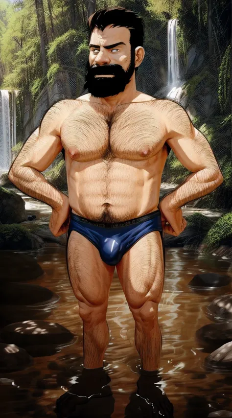 cartoon man with a beard and no shirt standing in front of a waterfall, bare foot, technoviking male with no shirt, manbearpig, bob ross as 007, puffy nipples, hairy chest, sparse chest hair, ((naked,nude)), hairy chest and hairy body,wet hairy bodies, wea...
