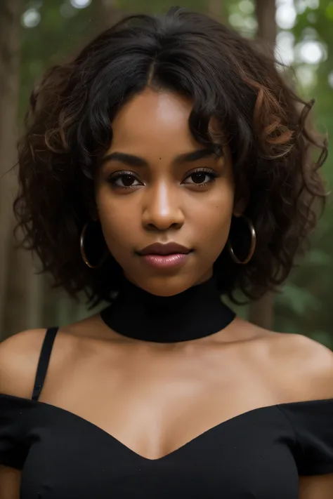 (front view) very detailed photograph of a black woman, dark skin, (with curly hair), (symmetric beautiful face) nice and well d...