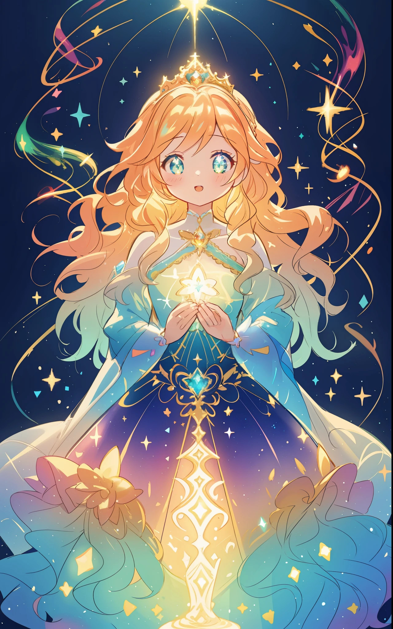 beautiful girl, puffy tiered rainbow ballgown, princess, intricate dress design, (colorful), long wavy hair, magical lights, sparkling magical liquid, inspired by Glen Keane, inspired by Lois van Baarle, disney art style, by Lois van Baarle, glowing aura around her, by Glen Keane, jen bartel, glowing lights! digital painting, flowing glowing hair, glowing flowing hair, beautiful digital illustration, fantasia background, whimsical, magical, fantasy, ((masterpiece, best quality)), intricate details, highly detailed, sharp focus, 8k resolution, sparkling detailed eyes, liquid watercolor