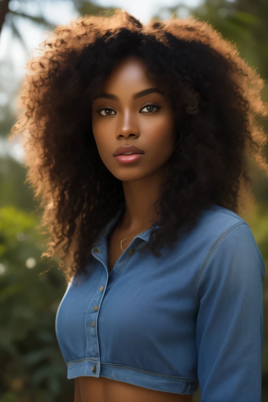 (vista frontal) fotografia muito detalhada de uma mulher negra, Pele escura, (com cabelos cacheados), (rosto bonito simétrico) nariz bonito e bem definido, lábios proporcionados e carnudos, fotografia realista deslumbrante, corte superior, jeans, cor suave realista, fundo cênico ao ar livre, renderização de octanagem, intrinsecamente detalhado, foco nitído, cores deslumbrantes, filmado em câmera DSLR, Resolução de 32k, melhor qualidade, (concentre-se na textura da pele)