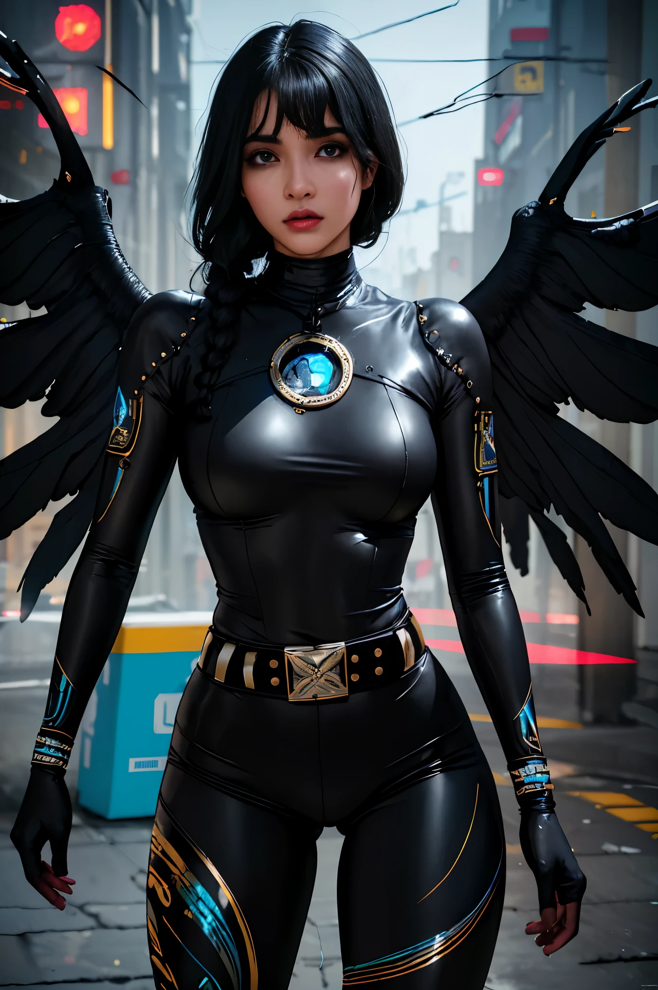 (8K), high-detailed face,work of art, Bela , gigantic black cyborg wings, wings have neon lights, open wings,, in tight metal armor, metallic belt, Electronic armature elements, 20 year, the skin beneath the suit has shiny lines, shoulder length black hair, a cyborg eye, Standing, serious expression, cinematic lighting, Burning cyberpunk city in the distance, flat-chested